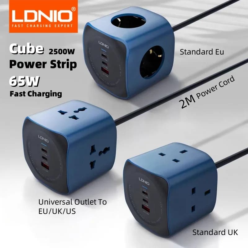 LDNIO Cube Multipresa 65W Stazioni di ricarica 2M Cavo di prolunga elettrico UK Us Spine UE Adattatore Presa USB Protezione contro le sovratensioni