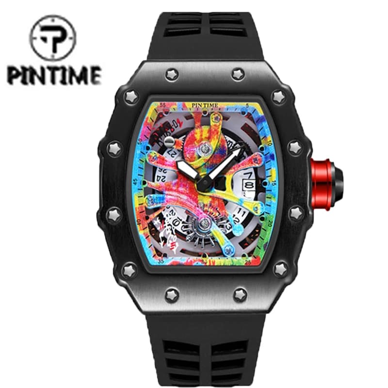 PINTIME Men's Fashion Watches Hip Hop Sport Men's Watch Silicone Rubber Strap Tonneau Watch Reloj Hombre Relogio Masculino