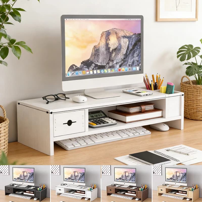 Organizer da Scrivania in Legno con Cassetto e Portapenne, Supporto Ergonomico per Monitor, Salvaspazio per Tastiera e Notebook