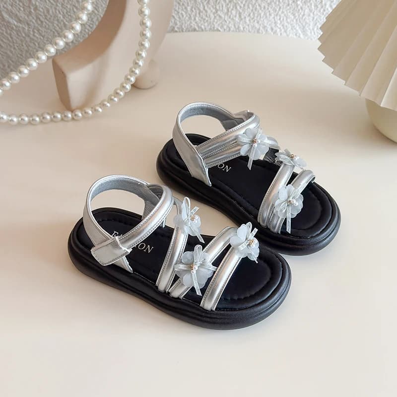 Girls Silver Open Toe Sandals Organza Flower Decor Adjustable Velcro Back Strap Thick Platform Sole Summer Walking Shoe