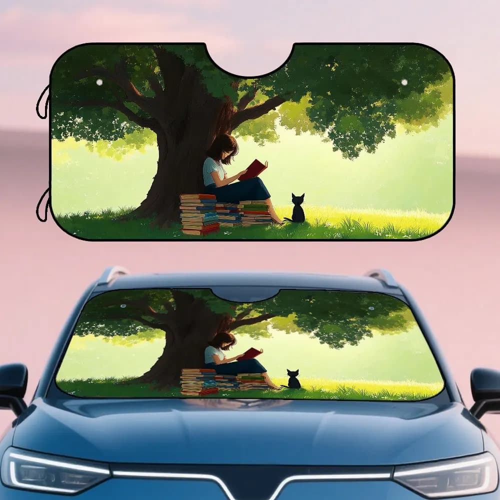 1pc Reading Book Cat Tree Pattern Car Windshield Sunshade - Serene Nature Scene With Woman & Cat Under Tree, Fit Front Auto Sun