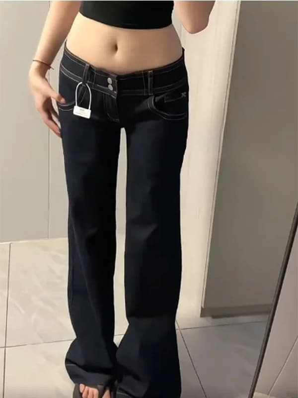 Jeans a Zampa d'Elefante a Vita Bassa Stile Americano, Design alla Moda per Donne, Pantaloni Larghi Drappeggiati Casual Autunnali