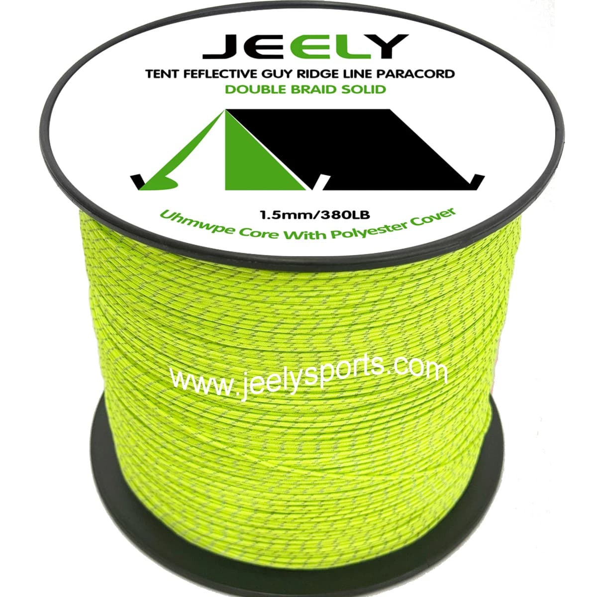 Jeely 1.5mm 160ft/50m roll 380lb UHMWPE Nucleo Polyester jacket with reflective snares Havoc Amaca Tent Corda