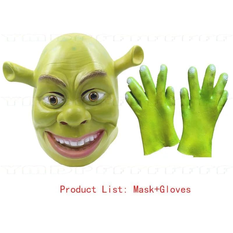 Maschera di Shrek, il re dei mostri verdi, con cuffie e guanti, per cosplay, Halloween, feste in maschera, divertente, in lattice, per adulti, nuovo.