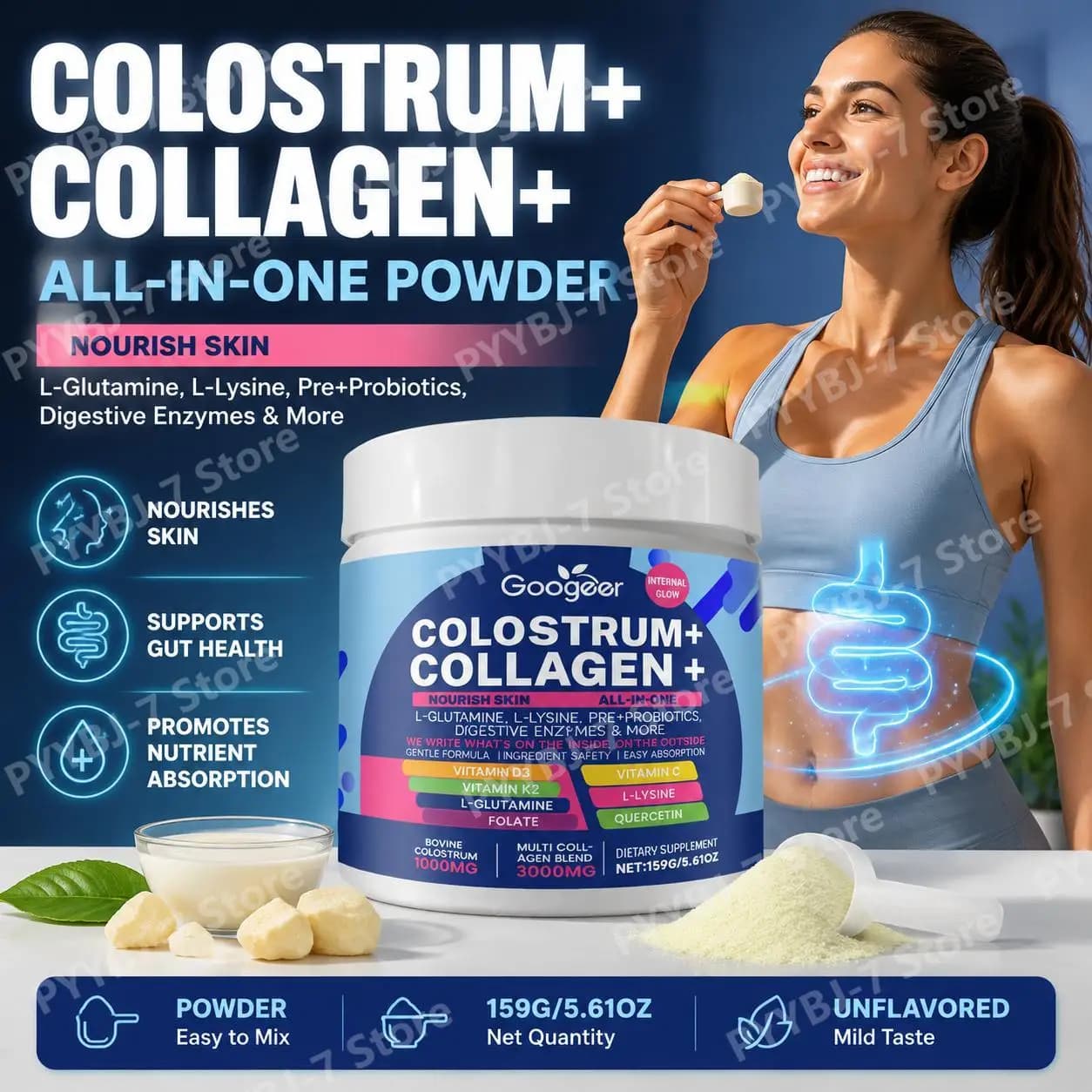Colostrum Collagen Powder for Adults with Multi Collagen 3000mg L-Glutamine, L-Lysine Probiotics & Digestive Enzymes 160g