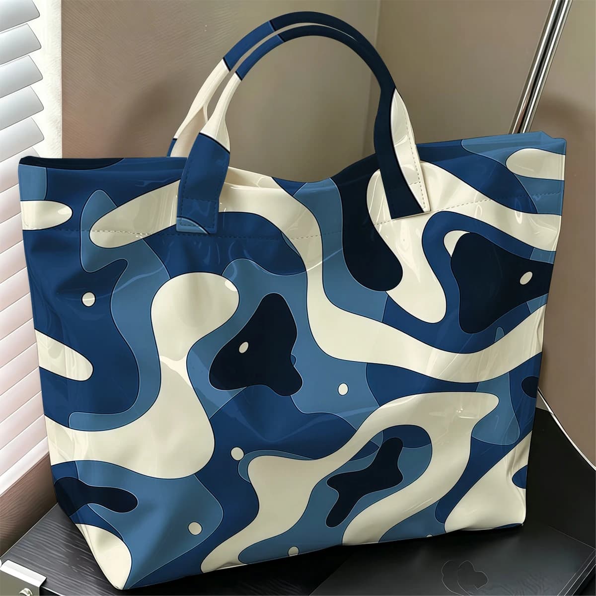 Blue & White Camouflage Cute Large Glossy PVC Tote Bag Hand Washable Lightweight Soft Great for Travel Commute Makeup Handbags