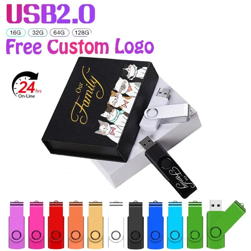 NUOVA unità flash USB 2.0 in plastica a colori ruotabile Confezione regalo da 128 GB Personalizza il logo per Pendrive gratuito Memory Stick regalo aziendale da 64 GB