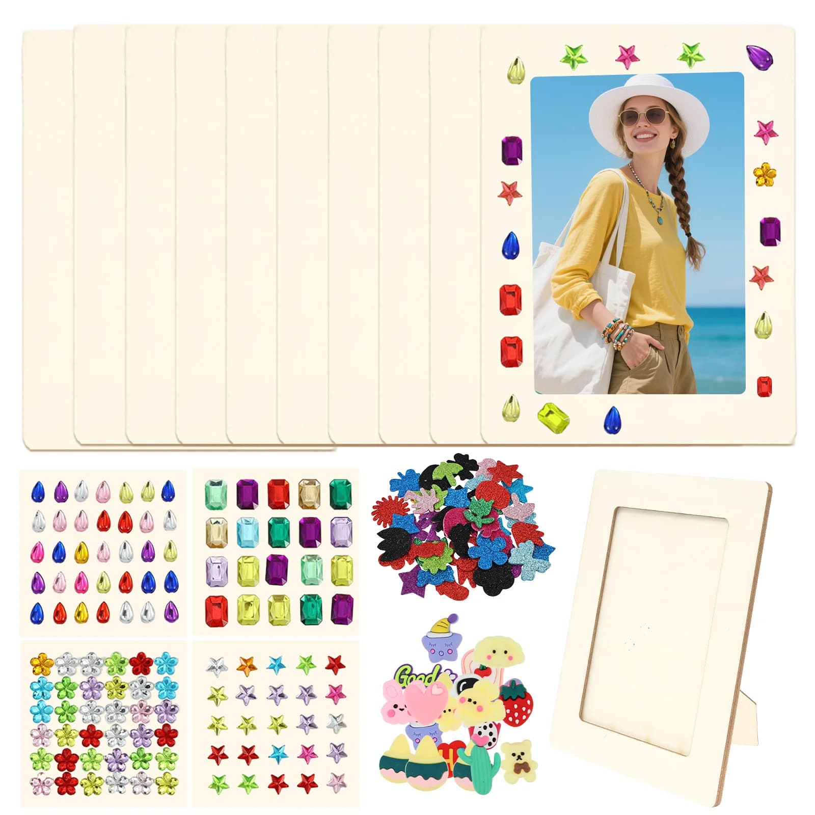 10 Pcs Wooden Picture Frame Unfinished DIY Photo Frame with Sticker Creative Picture Frames Painting Craft Kit for Home Decor