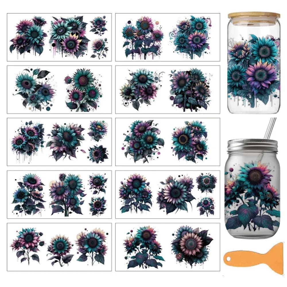 10 Pezzi 10 Stili Carta Termotrasferibile in PVC per Sublimazione UV Tazza Girasole 240x110mm 1pz/stile