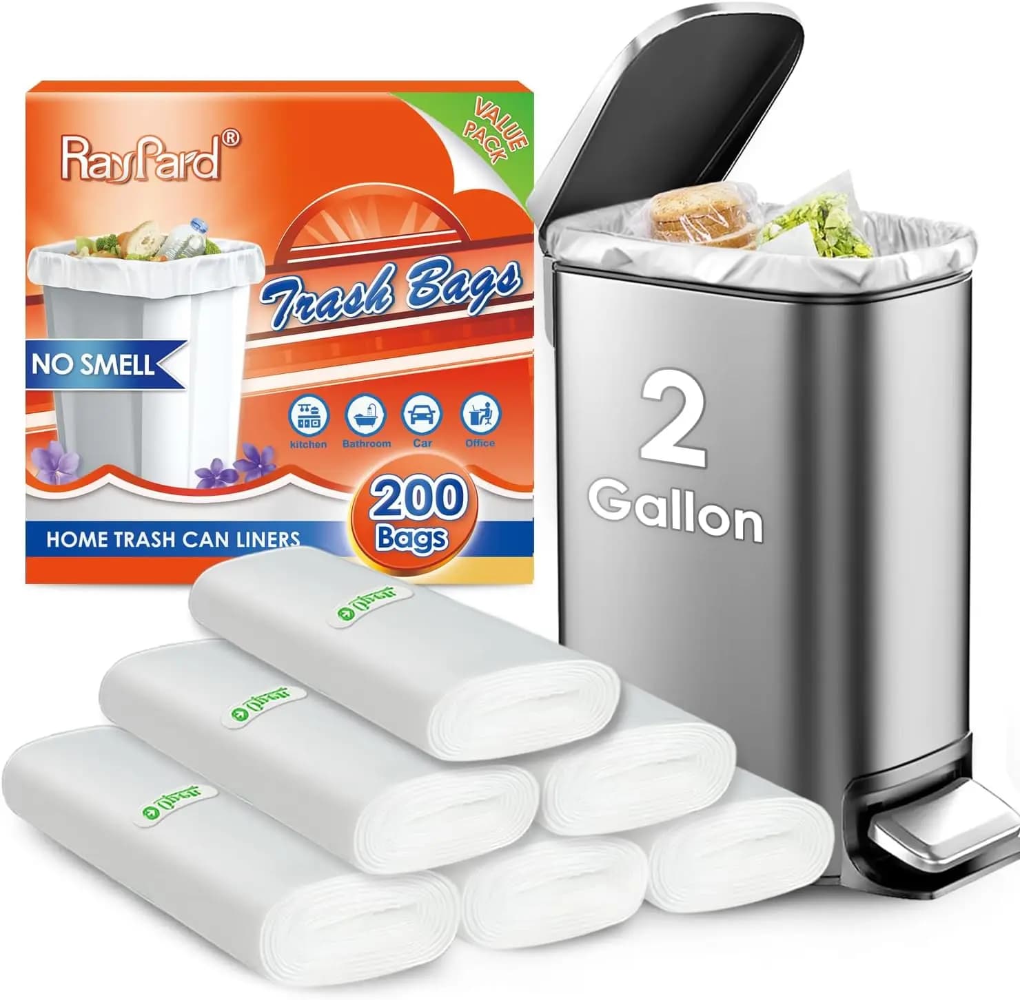 200 Counts 2 Gallon (1.8-2 Gal) Small Trash Bags Garbage Bags by RayPard, fit 1.6,1.8,2,2.2 Gal Waste Basket, 6.5-7 Liter Strong