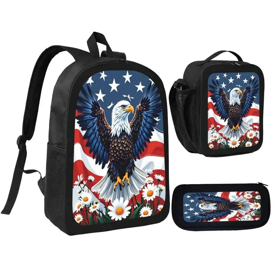 Patriotic Eagle American Flag Backpack Lunch Bag Pencil Case 3 Piece Set Lightweight Daily Use Adjustable Straps Zipper Closure