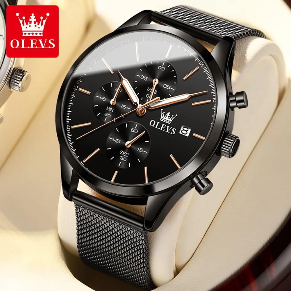 OLEVS 2881 Orologio da Polso Classico da Uomo con Cinturino in Rete d'Acciaio, Cronografo Impermeabile con Calendario, Orologio al Quarzo Originale per Uomo
