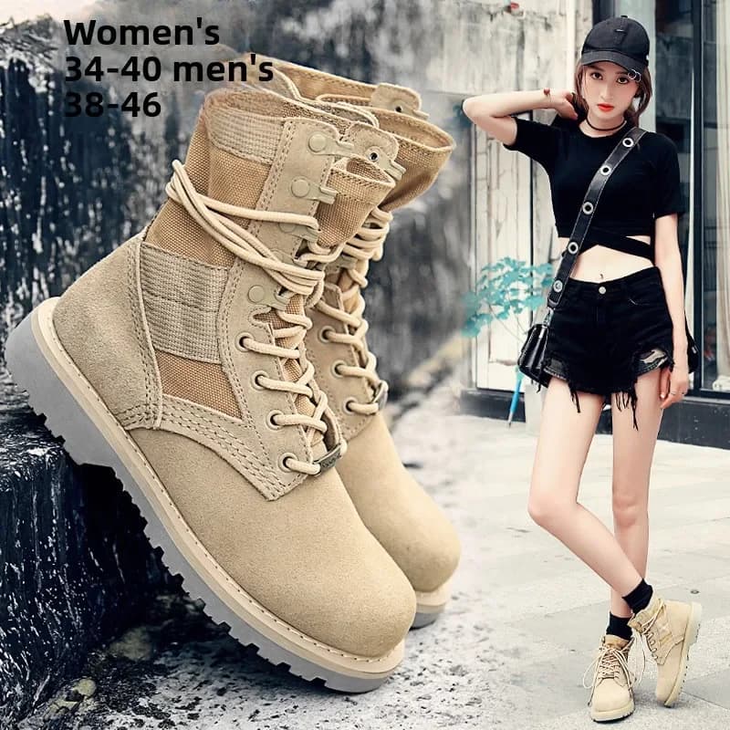 Men's and Women's Tactical Boots, Leather Outdoor Work Boots, Fashionable Camping Desert Autumn and Winter Women's Hiking Shoes