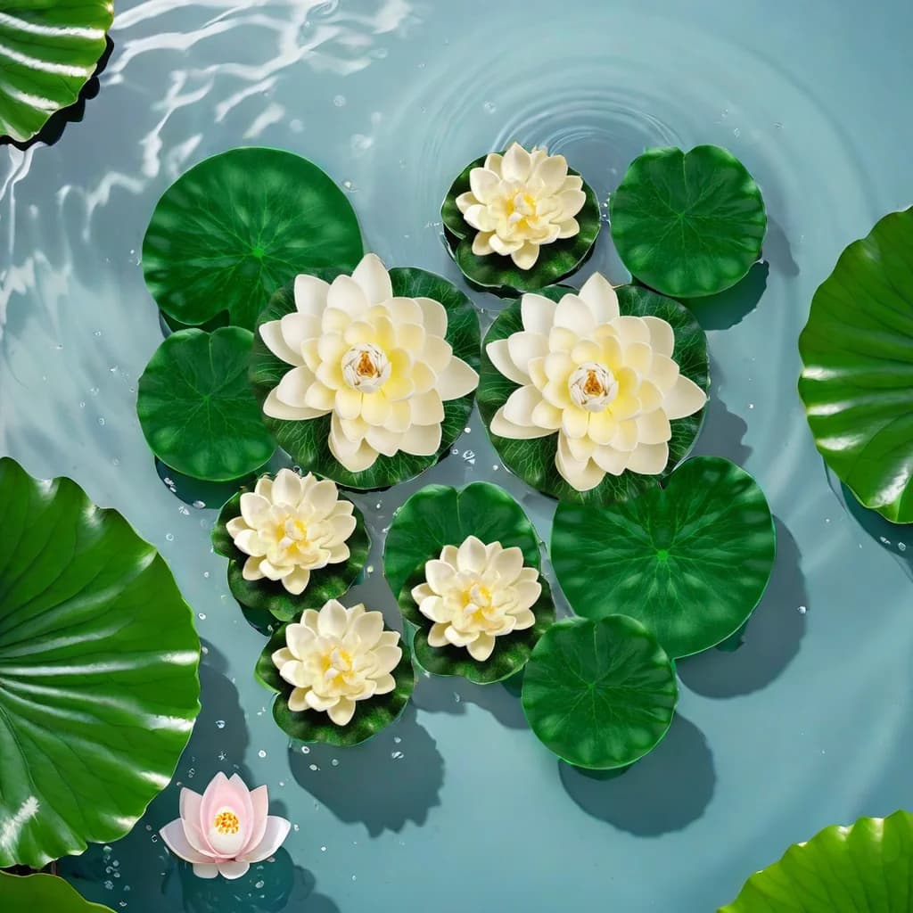 Set of leaves and artificial lotus from 12 pieces-garden outdoors, pool-decoration for pond for fish-white