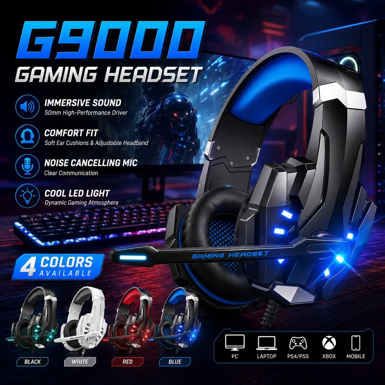 Gaming Headset Wired Headphones with Microphone Over Ear Stereo Bass LED Light Gamer Earphones for PC PS4 PS5 Xbox G9000