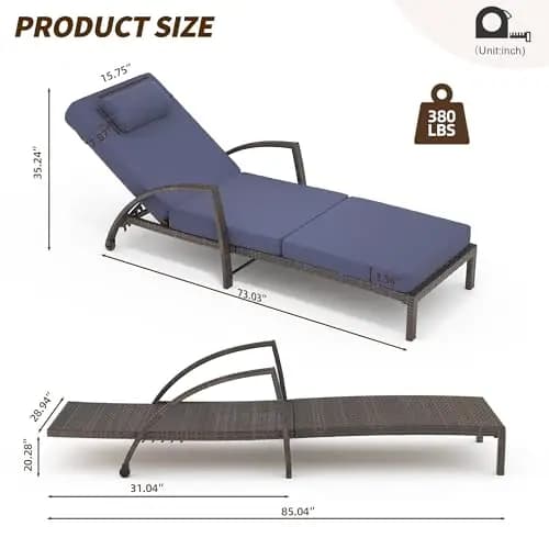 Two Blue PE Wicker Chaise Lounges With 5-Way Recline, 3.5” Cushions, Armrests, Rolling Wheels, And 380 Lb Load Capacity