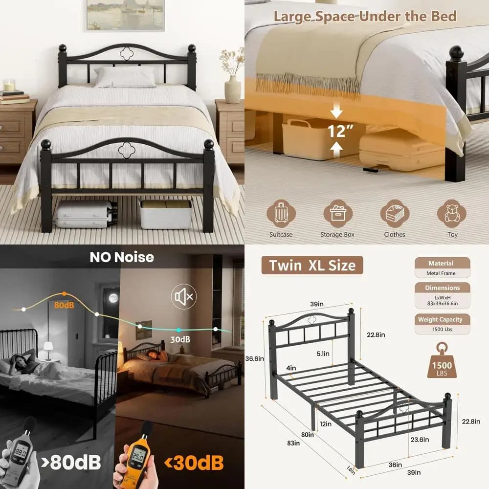 Extra large metal bed structure, silent and robust support up to 1500 pounds, 12 storage spaces, easy to mount, does not require slats