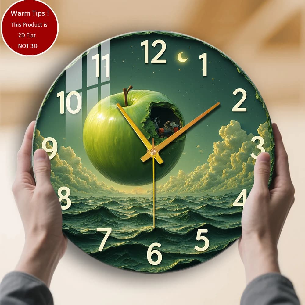 Tempered Glass Wall Clock with Green Apple Lunar clouds Suitable for wall decorations or table displays anywhere