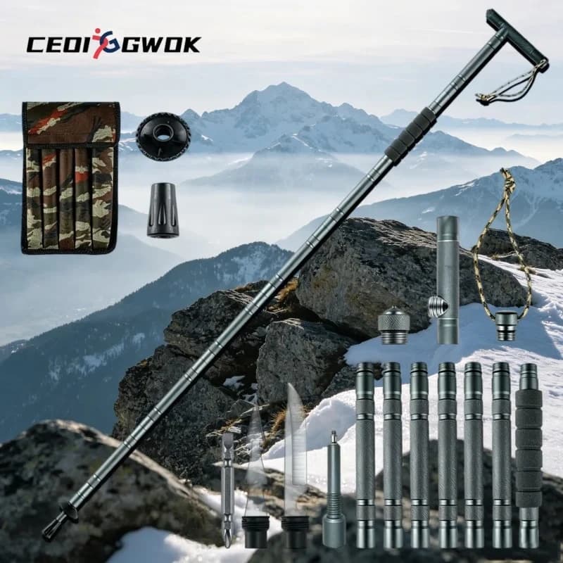 CEOI GWOK T Handle Multi Function Foldable Trekking Poles Adjustable Walking Stick for Outdoor Mountain Climbing Hiking