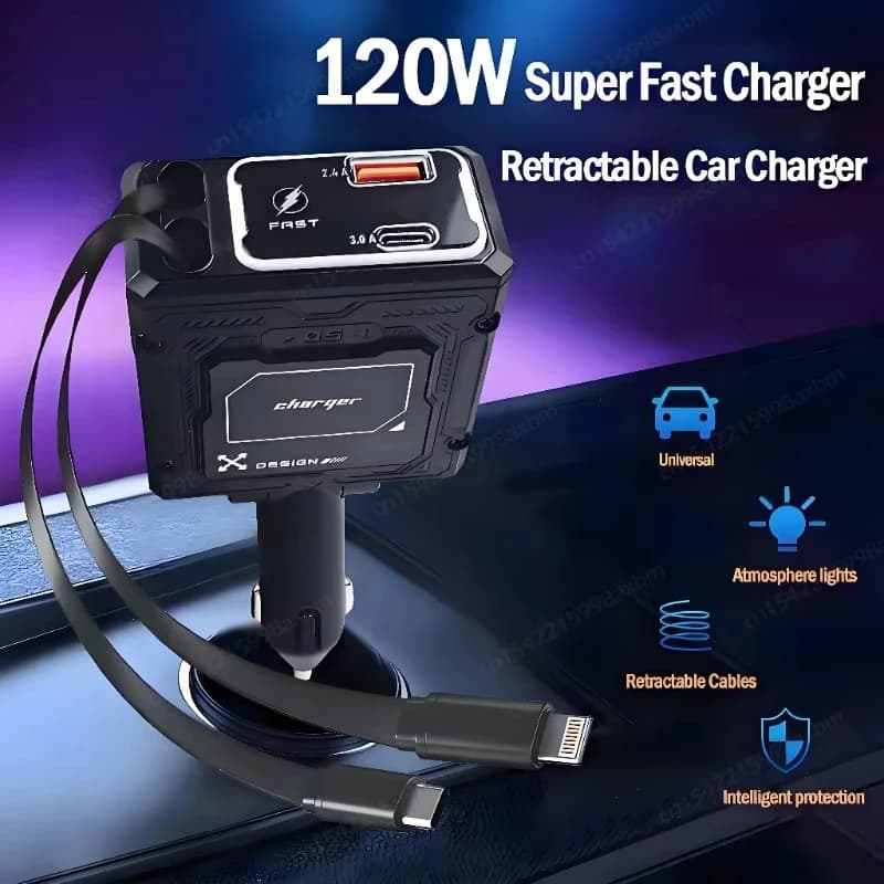 Caricabatteria da auto retrattile 120w 4 in 1 Porte USB Type-C per iPhone Samsung Cavo di ricarica rapida Adattatore per accendisigari, Nuovo arrivo