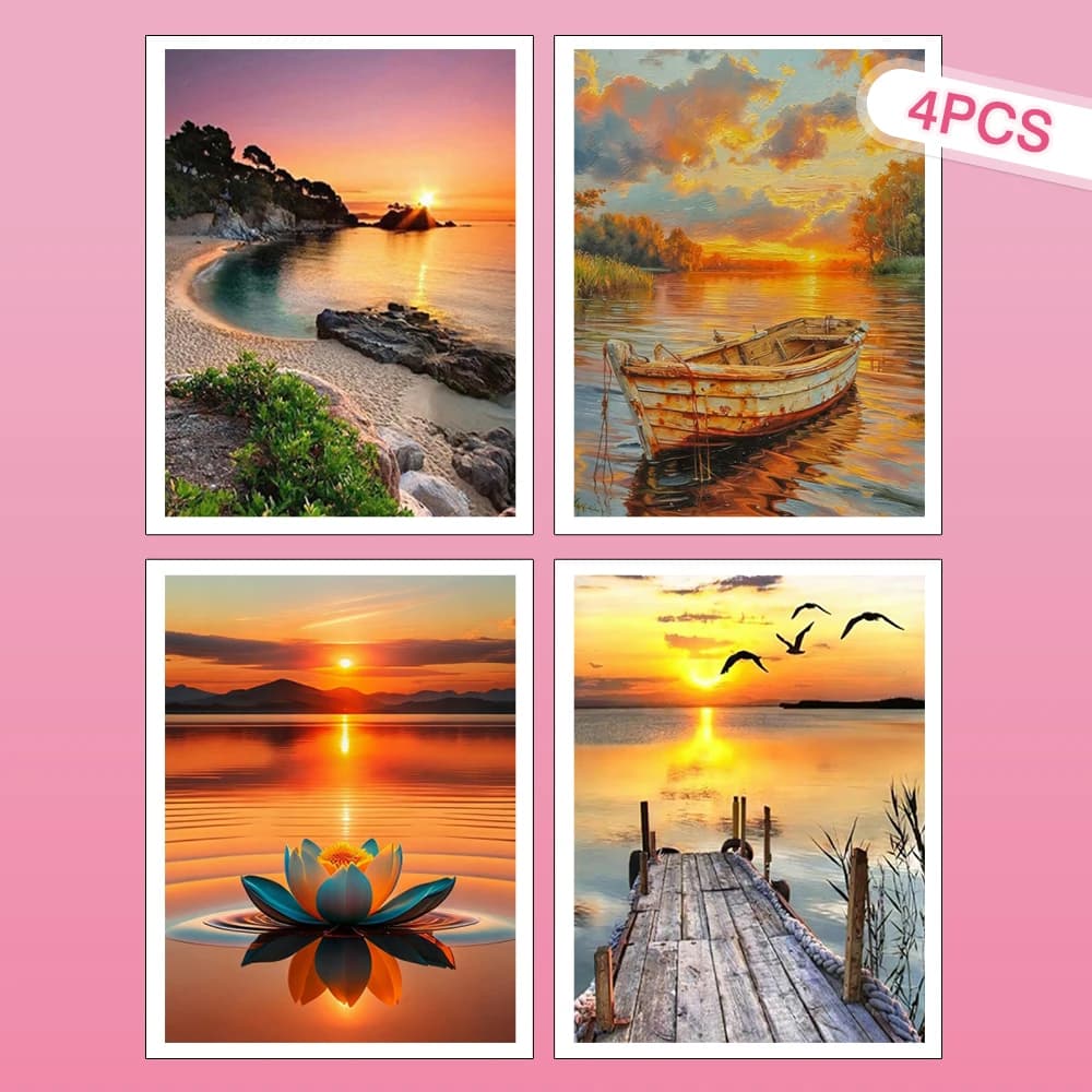 HUACAN 4PCS Full Round Drill Diamond Painting Sunset Landscape Handicrafts Home Decor Diamond Mosaic Seaside Scenery Art Kits