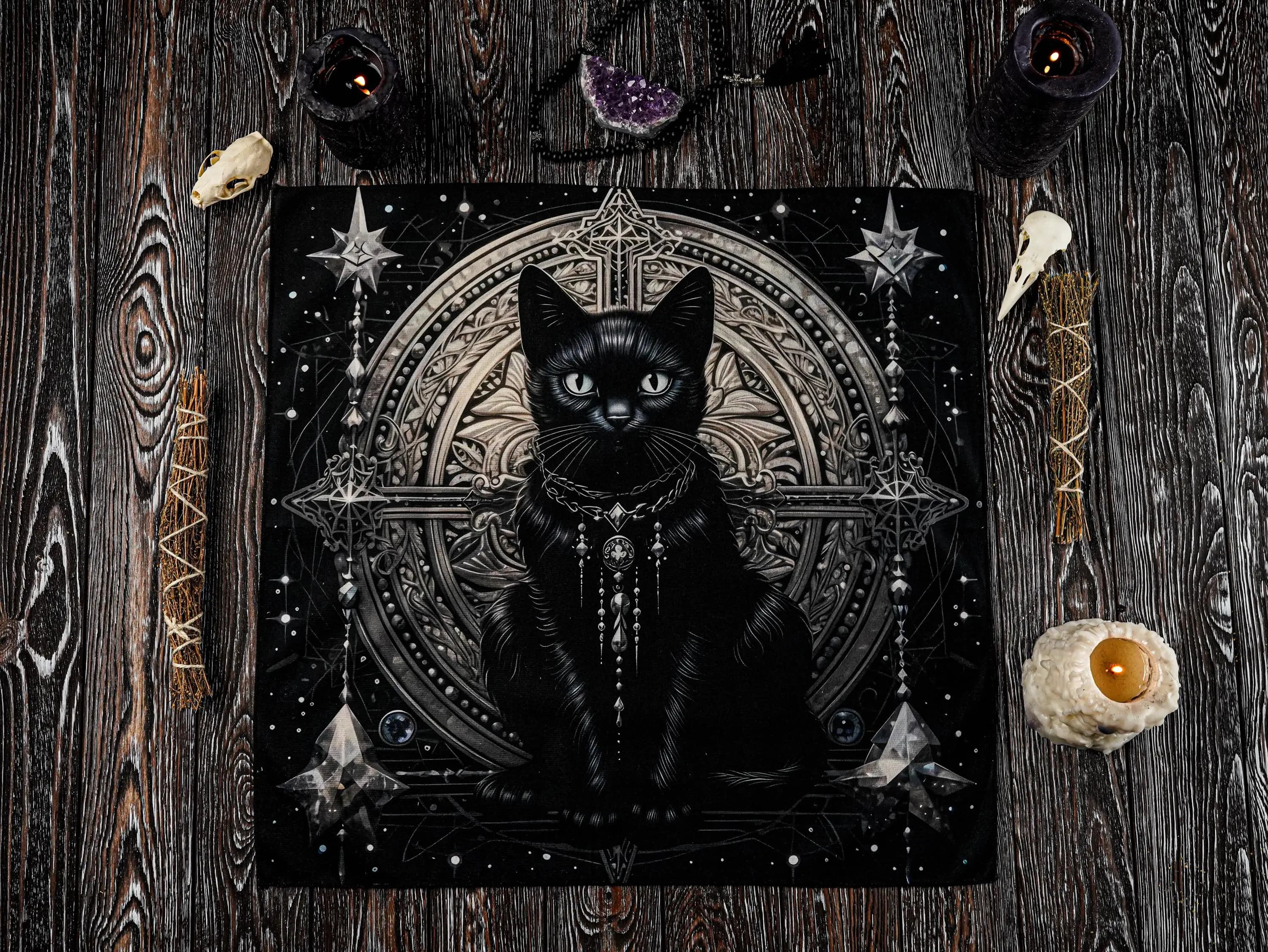Tovaglia VIKAMA Nera Gotica con Motivo a Stelle e Gatti, Tovaglia Misteriosa per Altare, Divinazione e Tarocchi