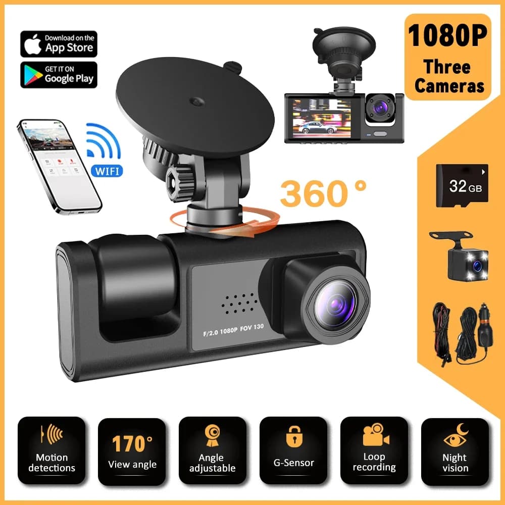 Dash Cam a 3 Canali per Auto 360 ° Registratore Video per Auto a Visione Notturna su Tutti i Lati con Wi-Fi Integrato HD 1080P Tre Obiettivi Monitor 24 Ore Telecamera per Auto