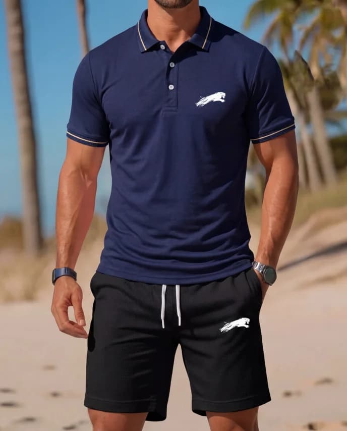 Set da 2 Pezzi per Uomo: Polo con Stampa Canguro e Pantaloncini, Outfit Casual Estivo da Spiaggia e Vacanza