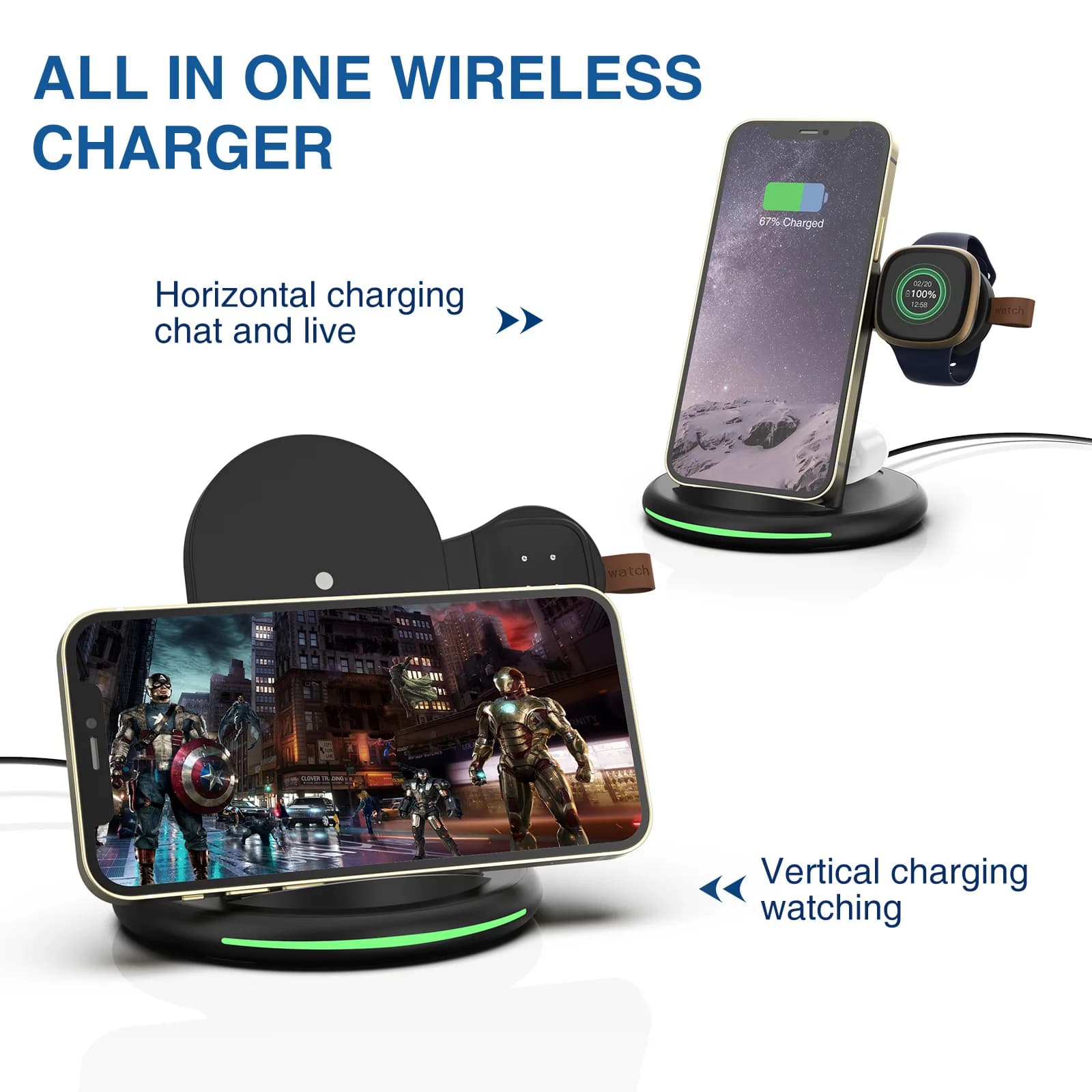 Per tutti i telefoni cellulari che supportano la ricarica wireless e per Fitbit versa 3 per Fitbit sense smart watch caricabatterie tre in uno