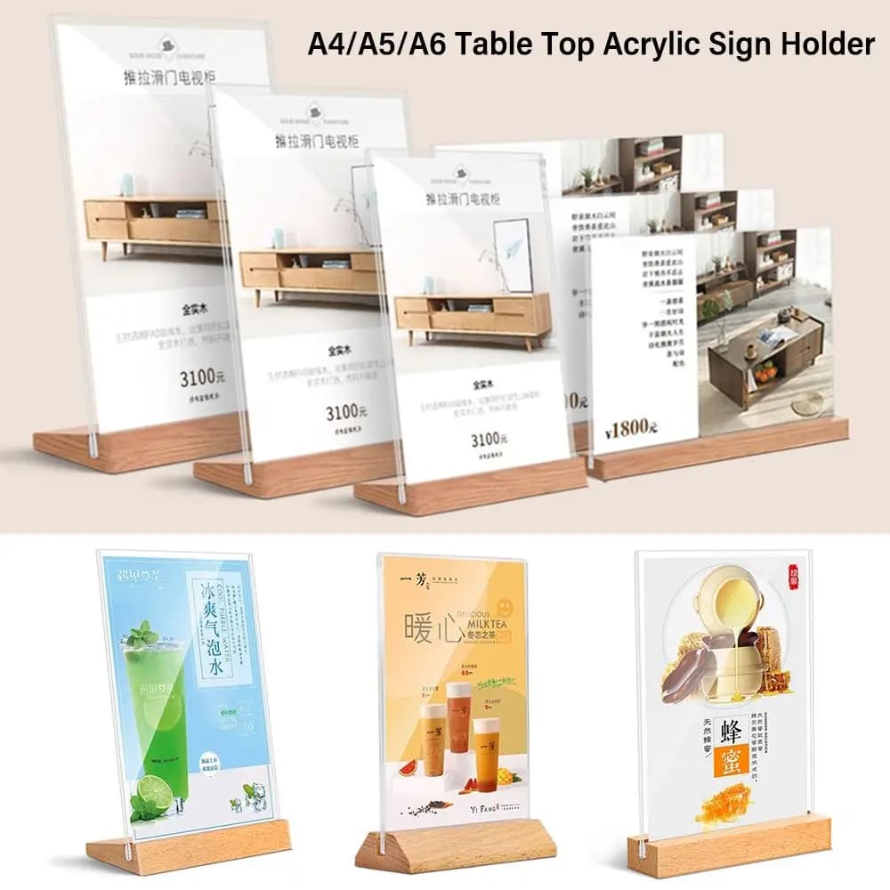 Supporto per cartello da tavolo in acrilico durevole A4/A5/A6 espositore per Menu a doppia faccia con Base in legno cornice per schede Home Office