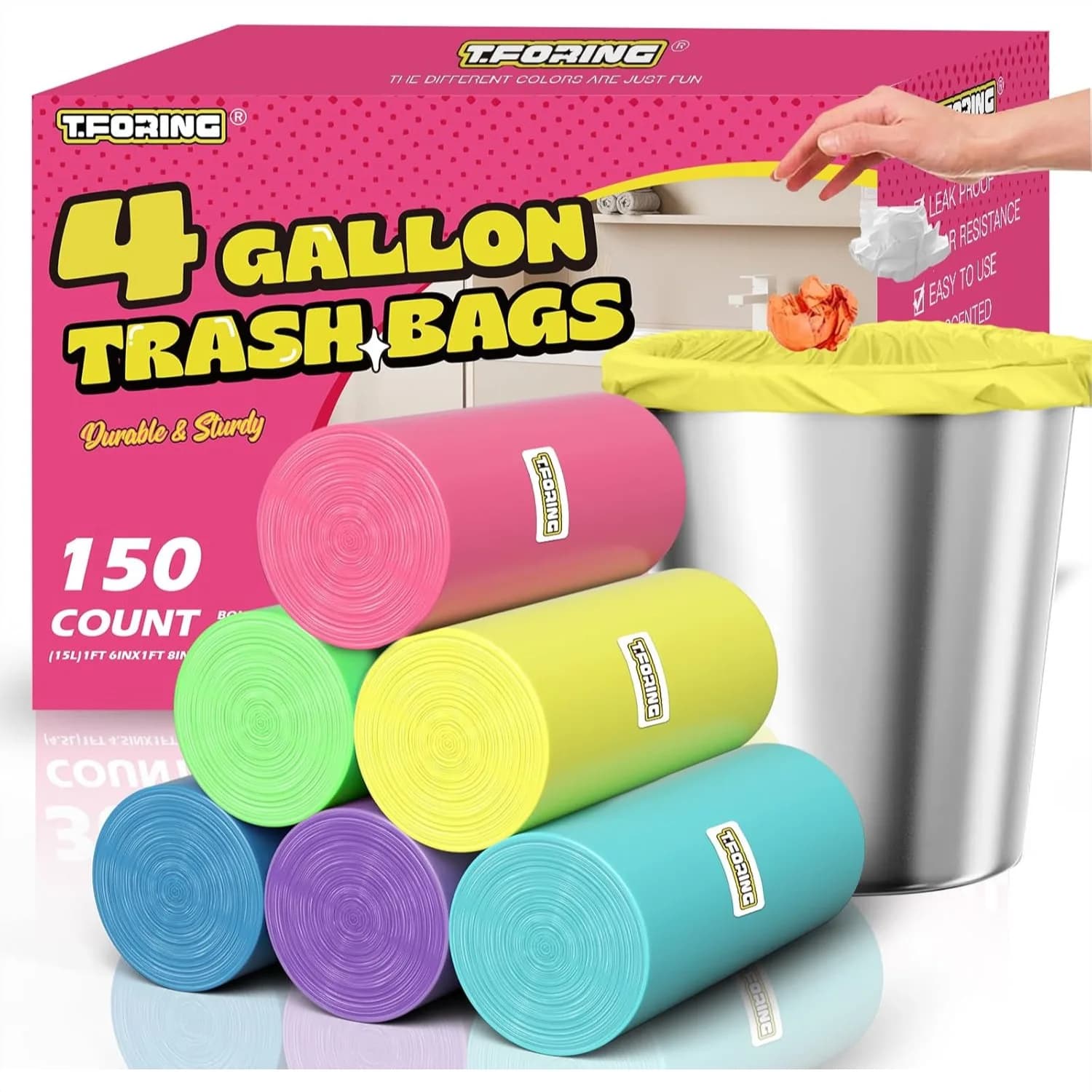 Sacchetti per Rifiuti Colorati da 150 Pezzi, 4 Galloni, Inodori, Impermeabili, per Cestini da 15 Litri