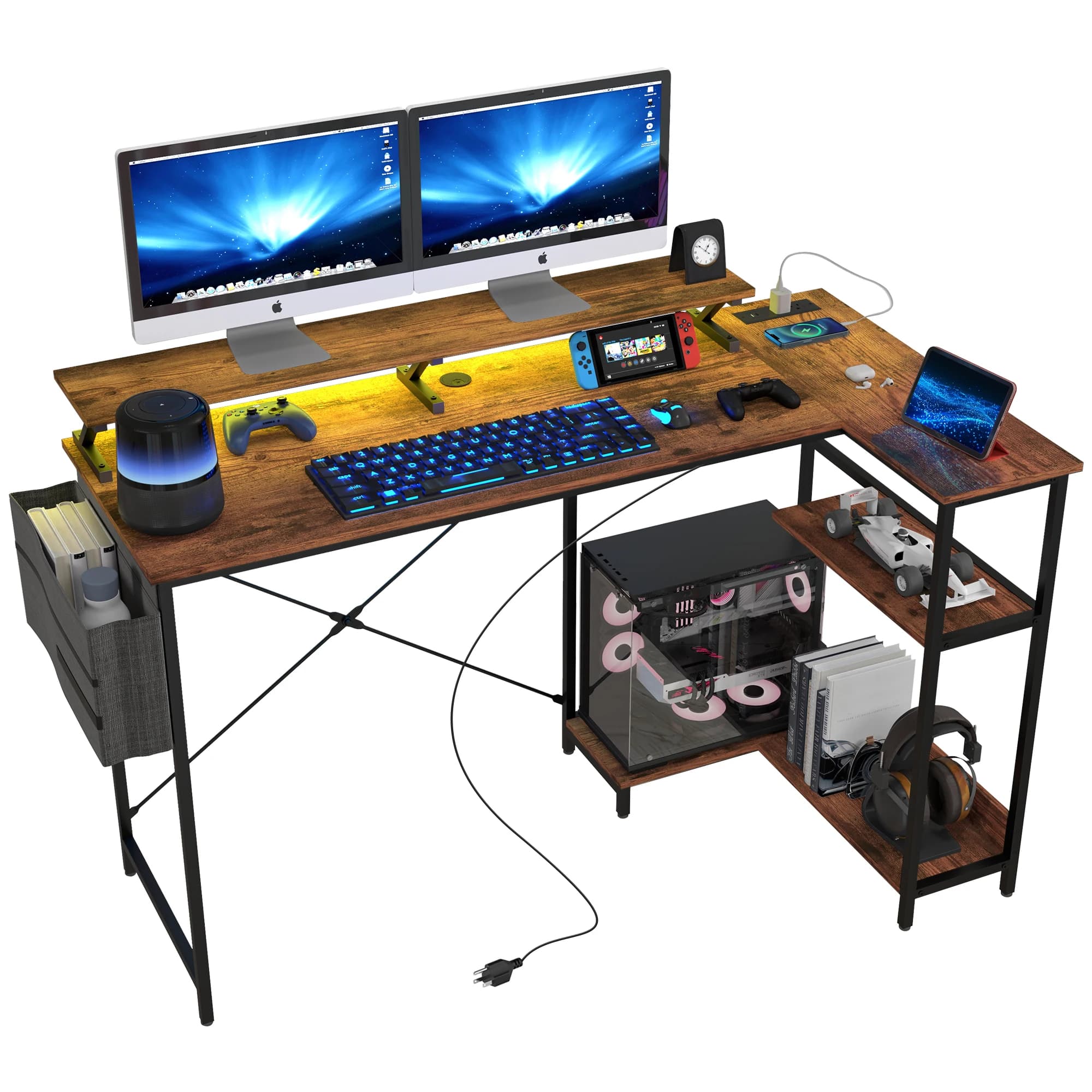 58" L Reversible Computer Desk, Corner Desk with Monitor Support, Power Grips and LED Lights, Black