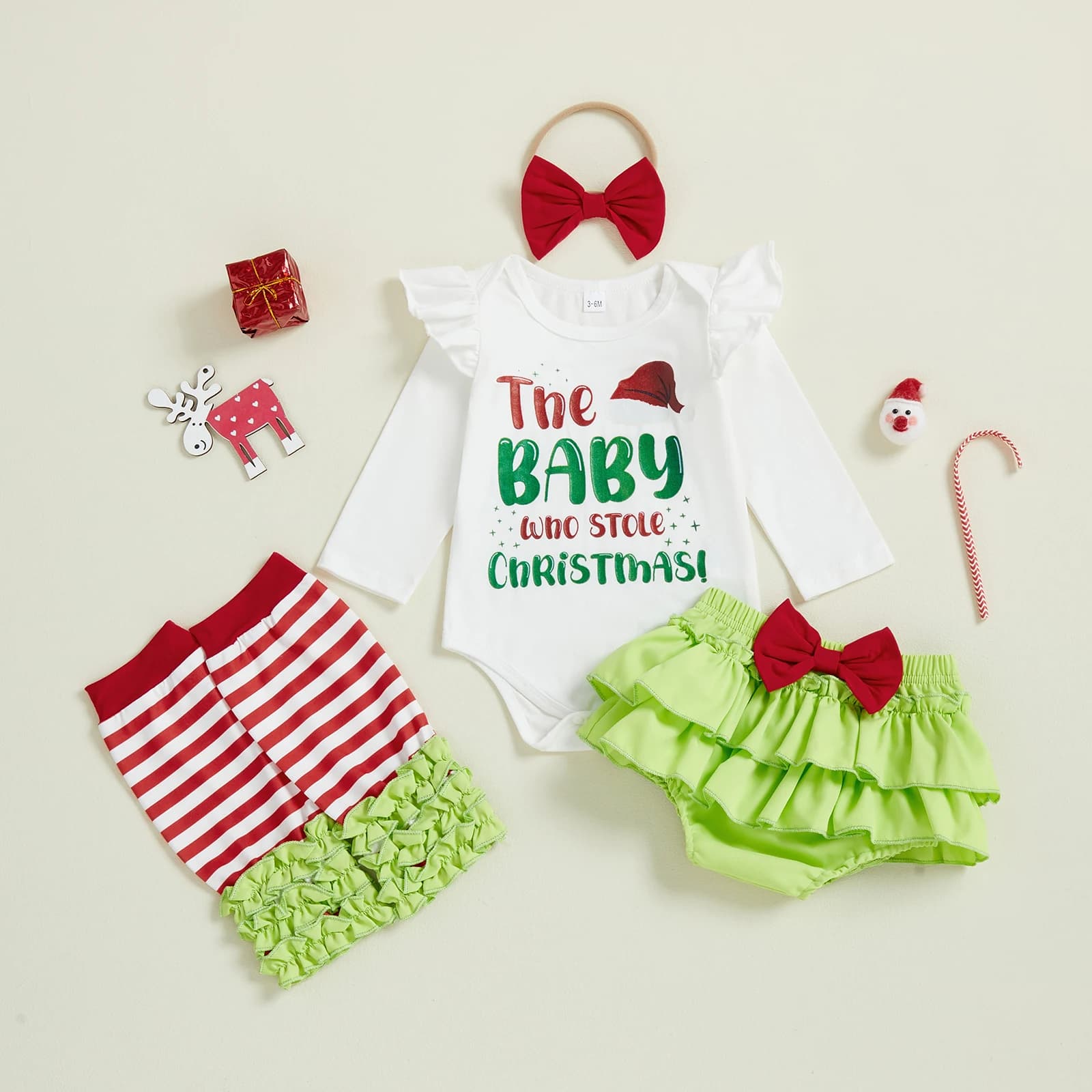 Baby Girls Christmas Clothes Letter Print Long Sleeves Romper and Layered Shorts Cute Headband Leg Warmer Set