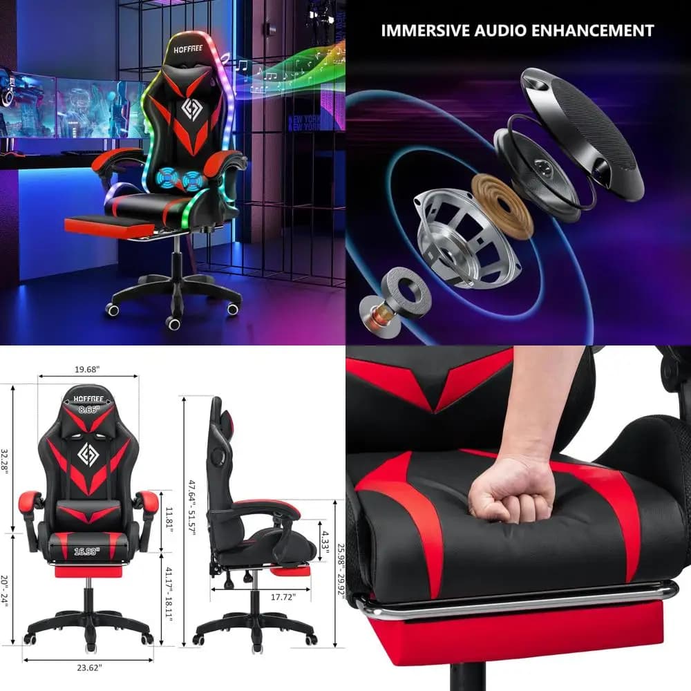 HOFFREE Sedia da gioco per massaggio con altoparlanti Bluetooth e luci a LED Sedia da gioco ergonomica per computer con poggiapiedi Videogioco RGB