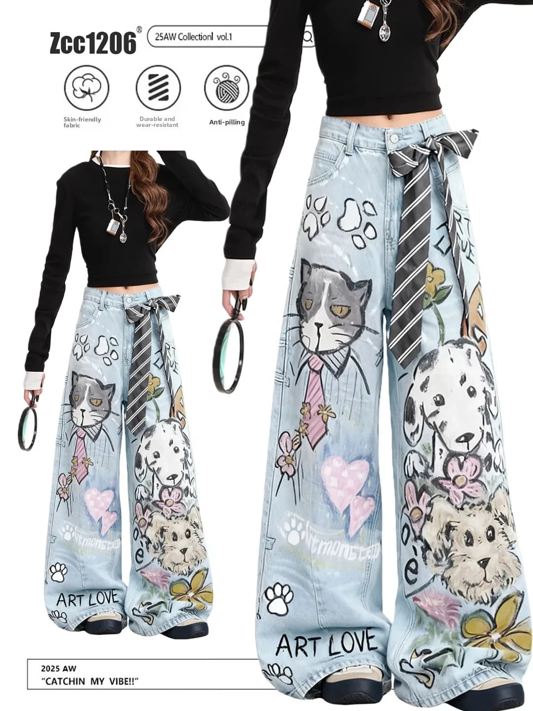 Retro American Washed Graffiti Print Wide Leg Jeans Women's Loose Casual Straight Floor-Length Pants Trendy Autumn Wear