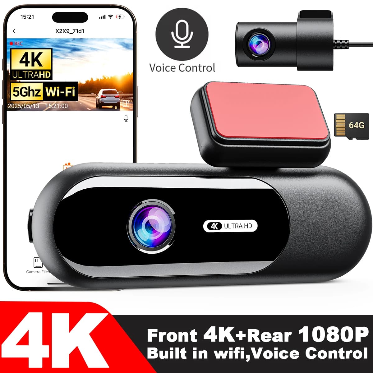 Videocamera per auto Dash Cam per auto wifi 4K UHD Registrazione DVR Videoregistratore per visione notturna Parcheggio 24 ore Doppio nero per auto anteriore e posteriore