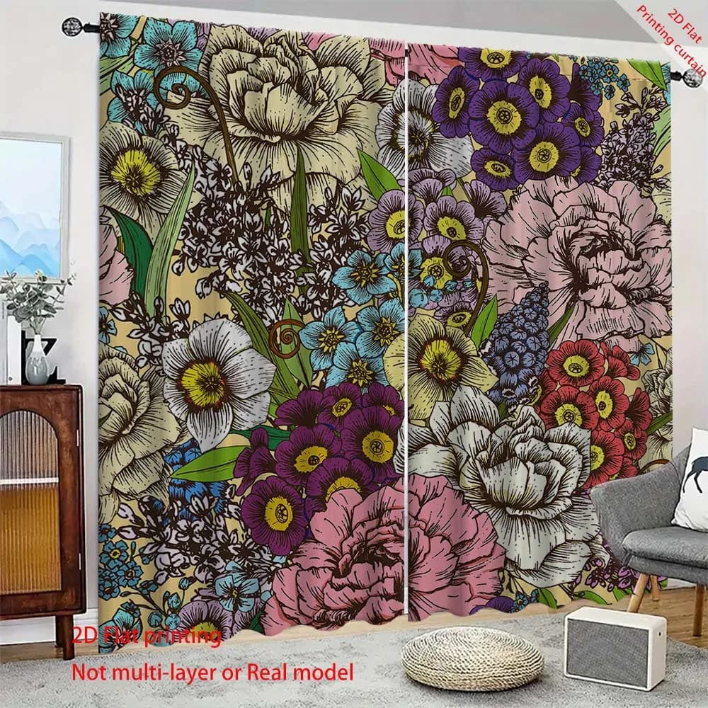 Beautiful 2D floral printed curtains, home decor curtains, office, bedroom, living room, dormitory sunshade curtains