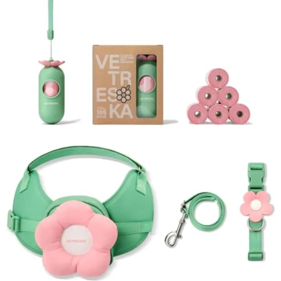 Set Pettorina, Guinzaglio e Collare per Cani Flora con Dispenser Sacchetti per Escrementi e 105 Sacchetti, Pettorina a Gilet per Cani per Passeggiate e Addestramento Facile