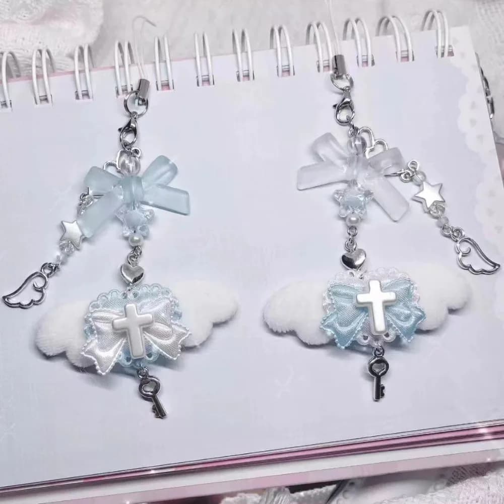Cute Pink Blue Pendant Chain Bow Small Wings Mobile Phone Chain Card Book Account Book Bag Hanging Keychain Sweet Girls Gift