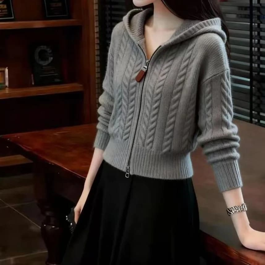 Fashion Women Knitted Sweater Zipper Hoodie Autumn Winter New Solid Color Hooded Short Sweater Cardigan Jacket Coat Female Tops