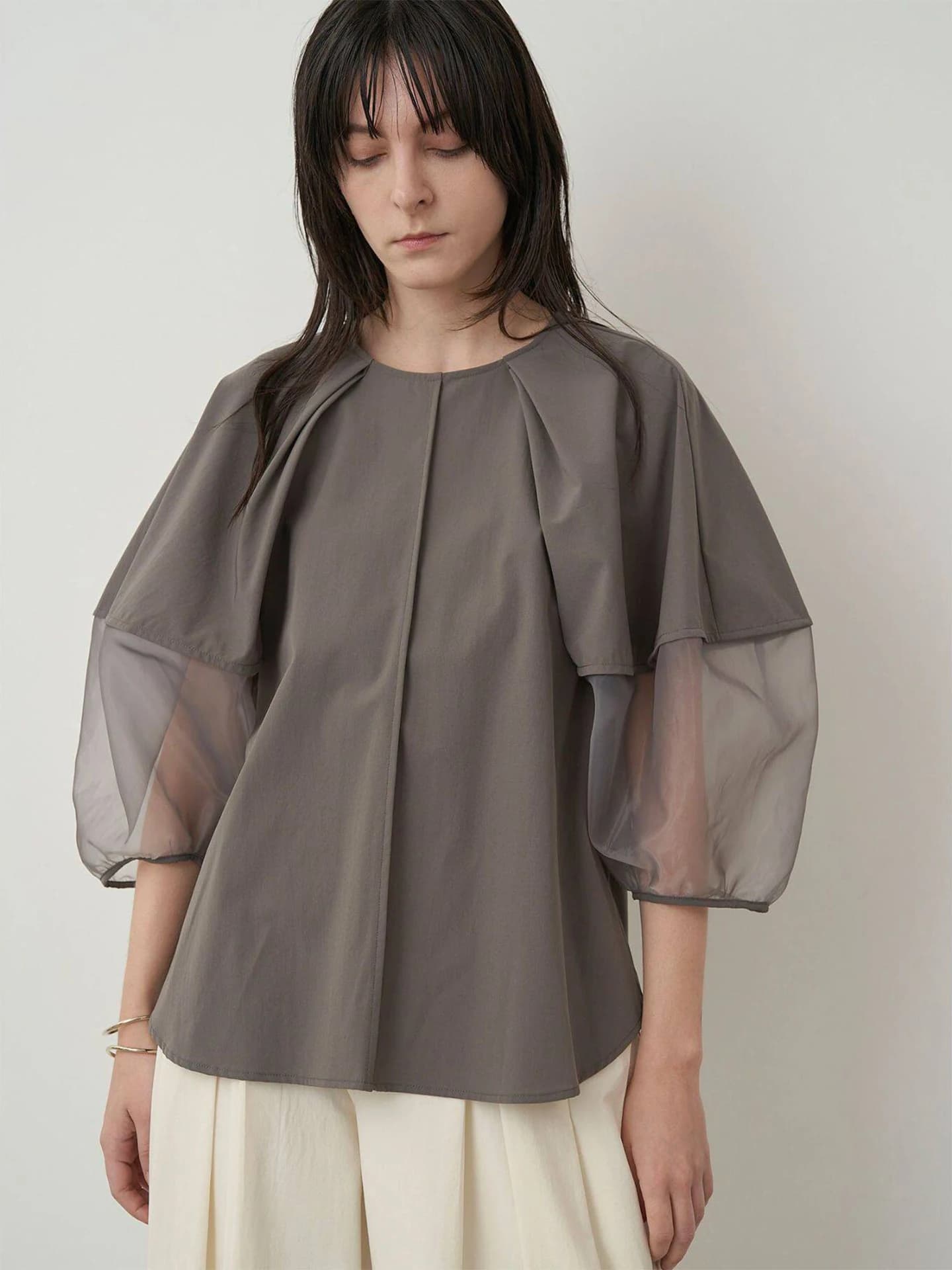 Chic Summer New Small Design Sense Mesh Splicing Lantern Sleeve Thin Chiffon Blouse Women's Top Business Style Loose Fit