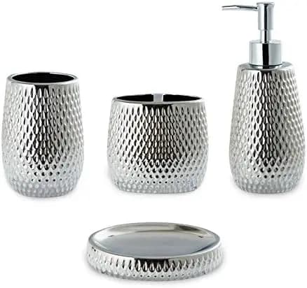 Set da Bagno in Argento a 4 Pezzi – Accessori in Ceramica a Goccia con Portaspazzolino, Bicchiere, Dispenser Sapone e Porta Sapone