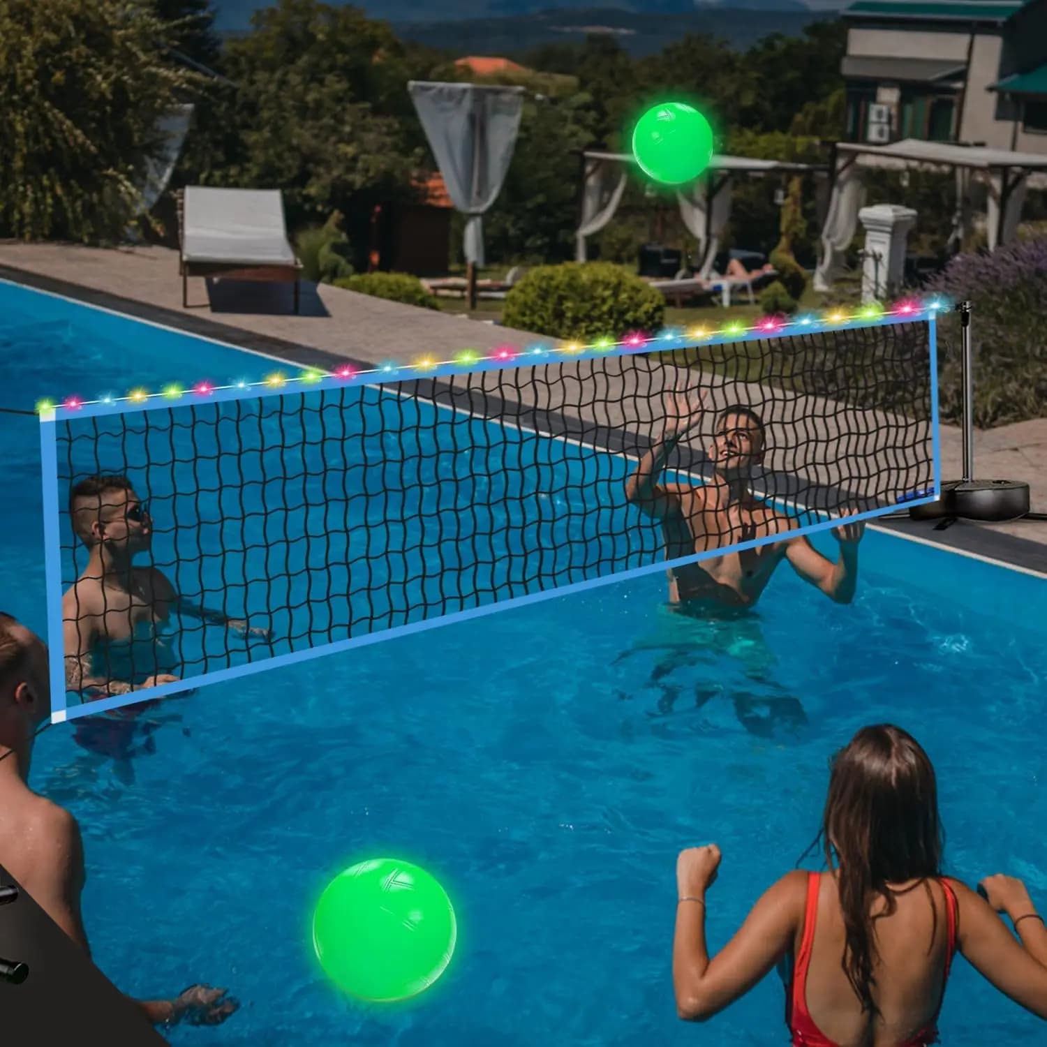 Portable Outdoor LED Volleyball Net with 2 Glowing Balls & Weighted Bases, Adjustable 15-30FT for Inground Pools, Swimming Pool Sports Game Set with Light