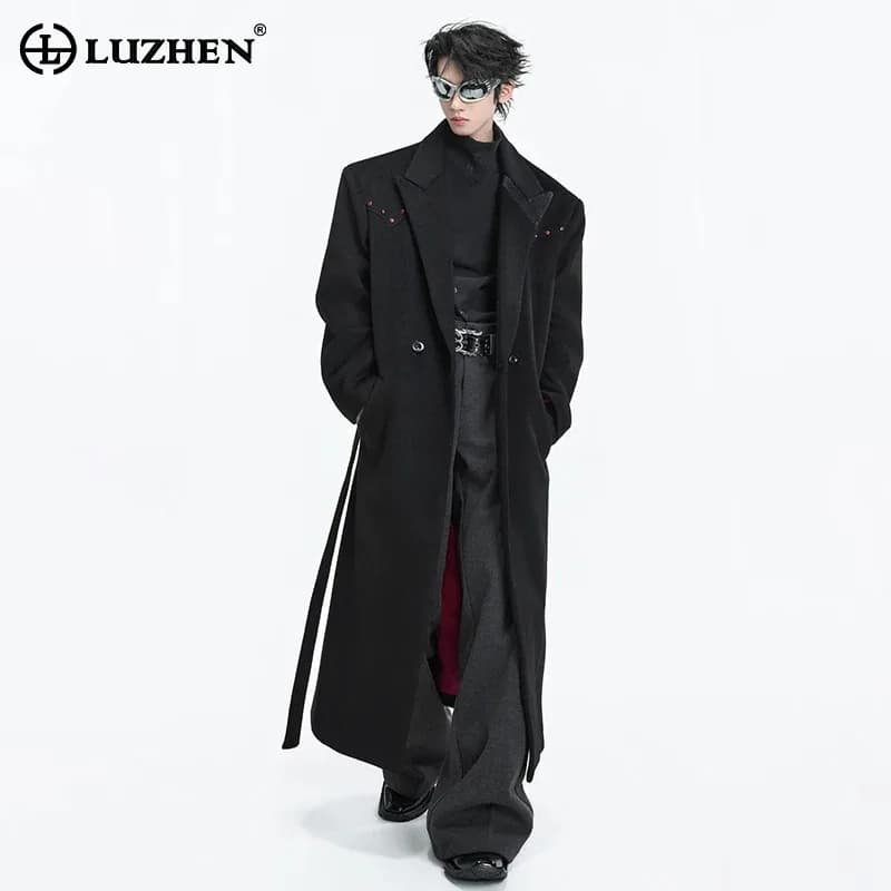 LUZHEN 2025 Inverno Nuovo Elegante Diamante Patchwork Decorare Cintura di Lana Giacca A Vento Cappotto da Uomo Elegante Temperamento Trench JY5614