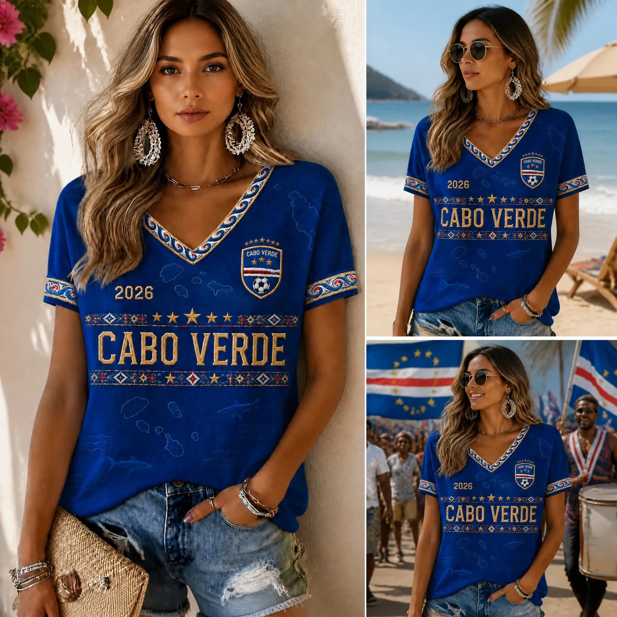 Cabo Verde Womens V Neck Football Tee 2026 Geometric Stripe Graphic Short Sleeve Casual Summer Shirt Island Style Top For Travel