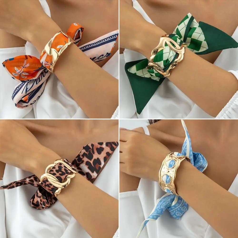 Leopard Print Silk Scarf Cuff Bangles Polka Dot Geometric Geometric Open Bangle Europe American Style Adjustable