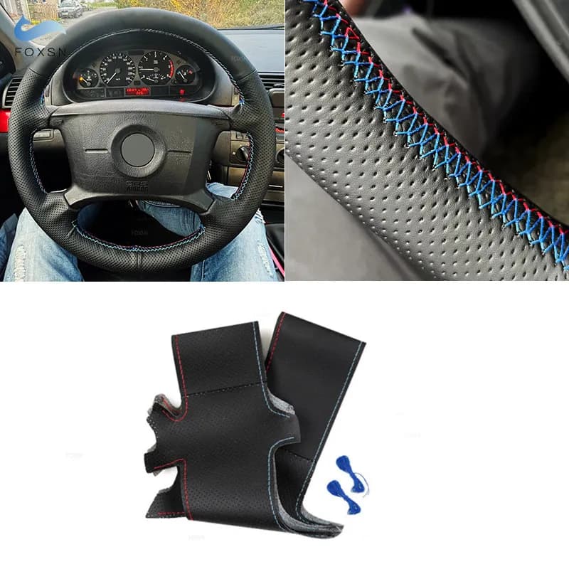 Per BMW E36 E39 E46 X3 E83 X5 E53 Coprivolante cucito a mano Nero-rosso linea blu Pelle traforata con aghi e fili
