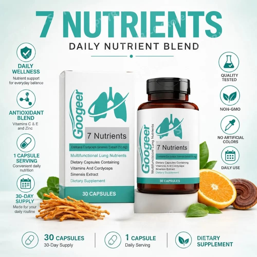 Googeer 7 Nutrienti Capsule Nutrizionali per Polmoni con Estratto di Cordyceps Sinensis e Vitamine Integratore Quotidiano per il Benessere Respiratorio 30 Capsule