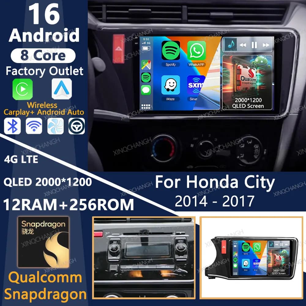 Android 16 Car Radio For Honda City Grace 2014 2015 2016 2017 GPS 4G LTE 5G WIFI QLED Multimedia Video Player Carplay Auto 2DIN