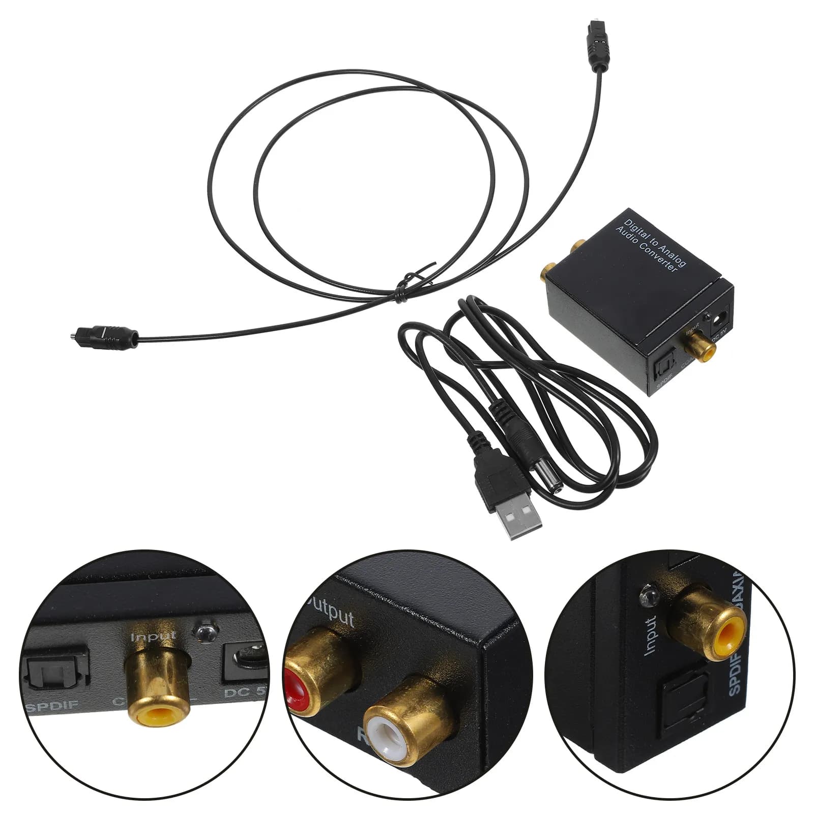 Black Digital Audio Converter with USB Cable in Optical Fiber, Splitter Audio Coaxial-Analog L/R, Network Amplifier